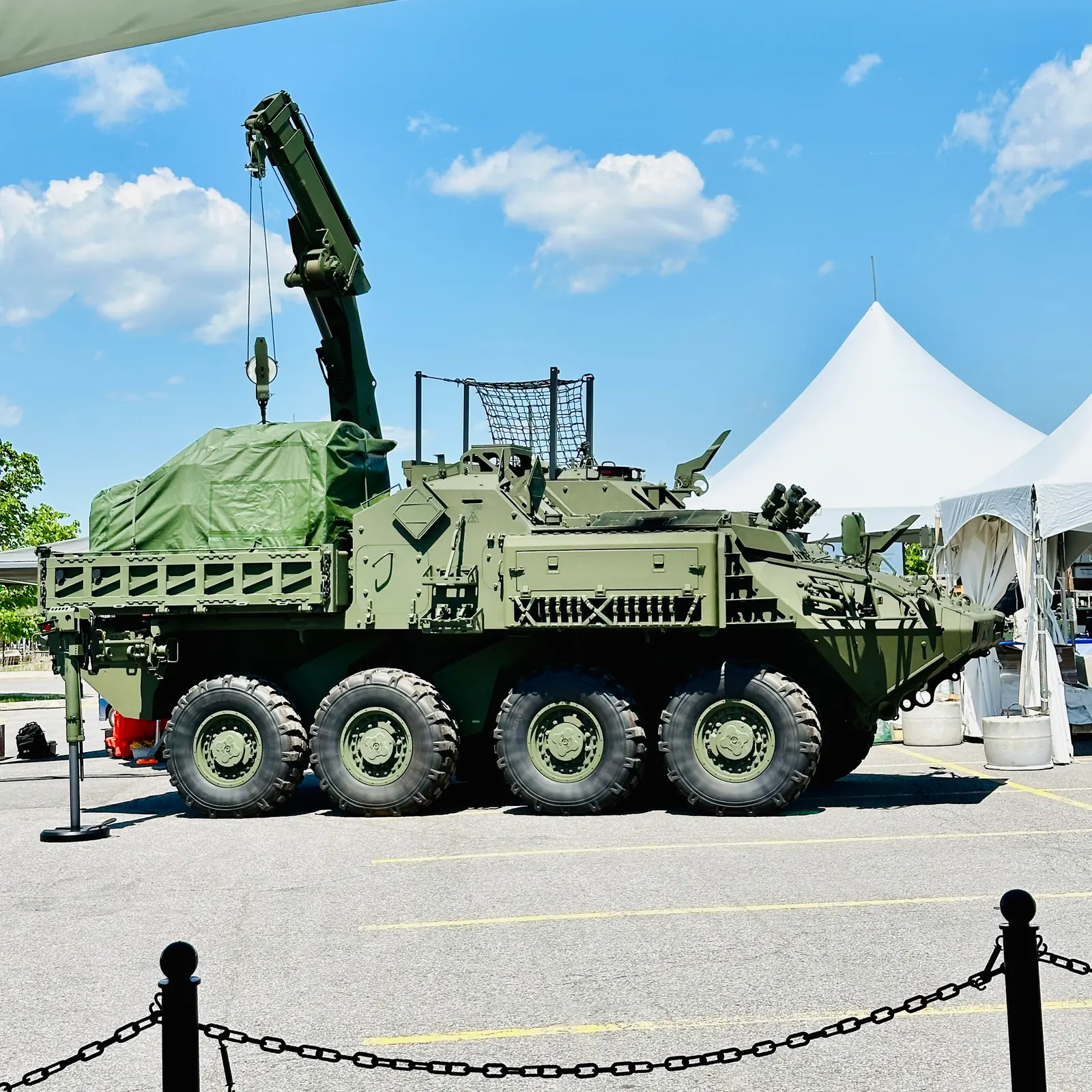 Armoured vehicle display outside CANSEC 2026.